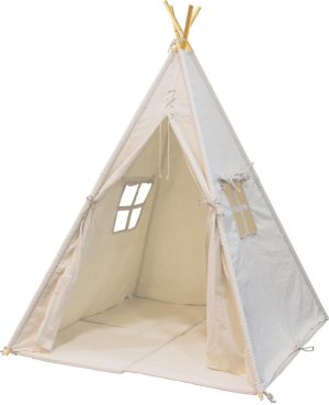 Buitenspeelgoed | Alba Tipi Tent Crème/Wit Voor Kinderen – Wigwam Speeltent Met Ramen Van Katoen – Tipi Tent Kinderen Met Kussen Kleed – 120X120X160Cm – Stokken Fsc Hout Buitenspeelgoed Buitenspeelgoed