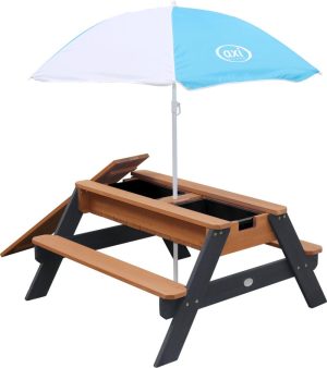 Buitenspeelgoed | Nick Zand & Water Picknicktafel In Antraciet/Bruin – Met Parasol In Blauw/Wit – Multifunctionele Picknick Tafel Van Fsc Hout – Picknick Tafel Voor Kinderen Van Hout Buitenspeelgoed Buitenspeelgoed