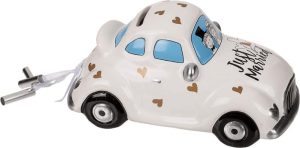 Educatief speelgoed | Spaarpot Voor Volwassenen – Just Married – Keramiek – Trouwauto – Wit – 16 X 8 Cm Educatief speelgoed Educatief speelgoed