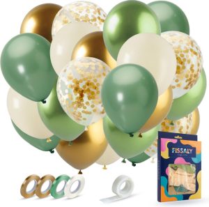 Feestartikelen | 40 Stuks Olijfgroen & Gouden Ballonnen Set Met Lint – Feest Decoratie – Verjaardag Versiering – Papieren Confetti – Helium Feestartikelen Feestartikelen