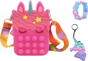 Funcadeaus | Speelgoed 3 Jaar – Fidget Toys – 3-Pack – Fidget Speelgoed – Unicorn – Fidget Toys Pakket – Tasje 13 X 8 X 4 Cm – Eenhoorn – Eenhoorn Tasje – Unicorn Tasje – Armbandje – Sleutelhanger – Fuchsia Funcadeaus Funcadeaus