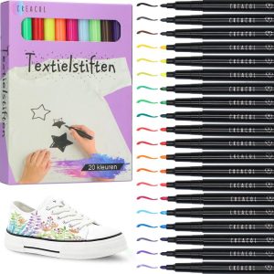 Hobby & Creatief | Textielstiften – 20 Stuks – Kleding Stiften – Textielstift – Textielmarkers – Inclusief Stencils Hobby & Creatief Hobby & Creatief