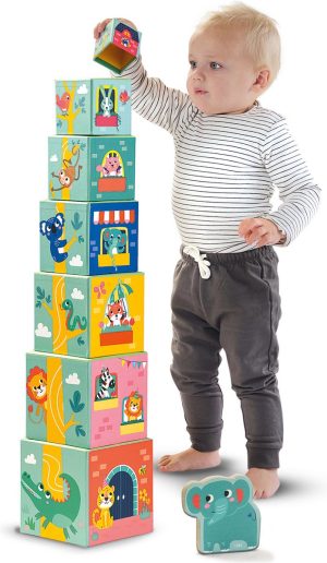 Houten speelgoed | Tiny Talents – Stapelblokken Toren Met Dieren Figuren – Montessori Blokken – Moderne, Gekleurde Illustraties – Compact Op Te Bergen Baby & Peuter Baby & Peuter