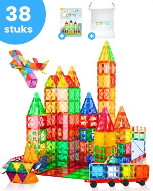 Magnetisch Speelgoed | 38 Stuks – Magnetic Tiles – Magnetisch Speelgoed – Bouwblokken – Montessori Speelgoed – Bouwstenen – Constructie Speelgoed – Speelgoed 3 T/M 12 Jaar Magnetisch Speelgoed Magnetisch Speelgoed