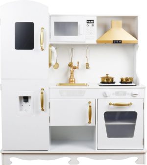 Rollenspellen | Houten Speelgoed Keuken – Complete En Luxe Speelkeuken – Wit Keukentje Met Gouden Afwerking – Stevige Kinderkeuken Met Accessoires – Speelgoedkeuken Met Geluid En Diverse Pannetjes Houten speelgoed Houten speelgoed