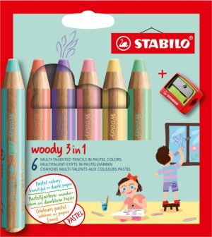 Knutselen voor kinderen | Woody 3 In 1 – Multitalent Kleurpotlood – Etui Met 6 Pastel Kleuren Incl. Puntenslijper Hobby & Creatief Hobby & Creatief